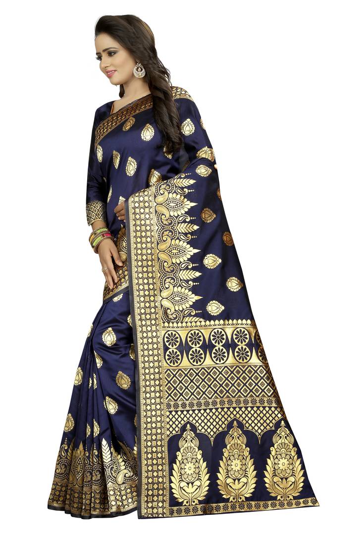 Navy Blue Women's Jacquard Silk Designer Saree With Blouse