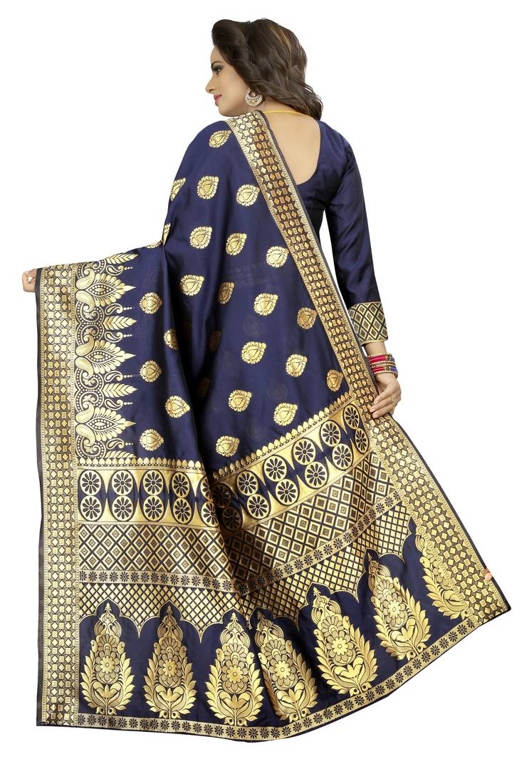 Navy Blue Women's Jacquard Silk Designer Saree With Blouse