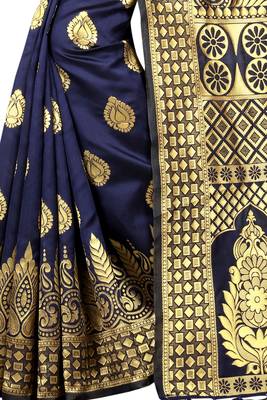 Navy Blue Women's Jacquard Silk Designer Saree With Blouse 4