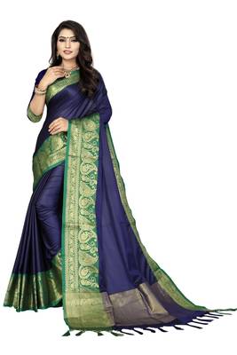 Blue Color Soft Cotton Silk Heavy Border Saree With Blouse 1
