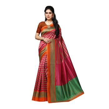 Pink printed bhagalpuri silk saree with blouse 1