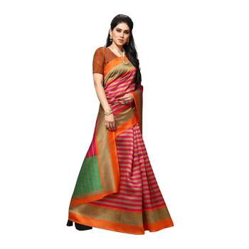Pink printed bhagalpuri silk saree with blouse 4