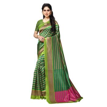 Green printed bhagalpuri silk saree with blouse 1