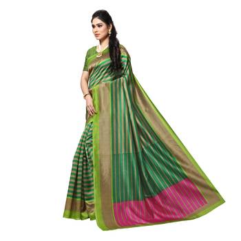 Green printed bhagalpuri silk saree with blouse 2