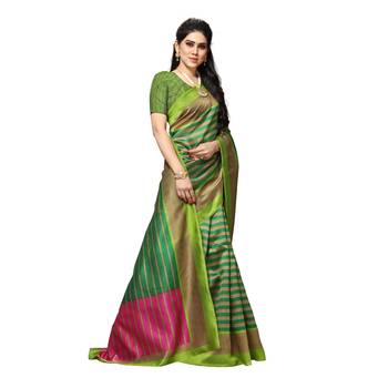 Green printed bhagalpuri silk saree with blouse 4