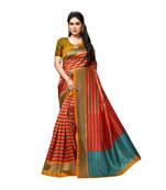 Red printed bhagalpuri silk saree with blouse