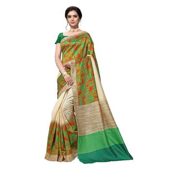 Green printed bhagalpuri silk saree with blouse 1