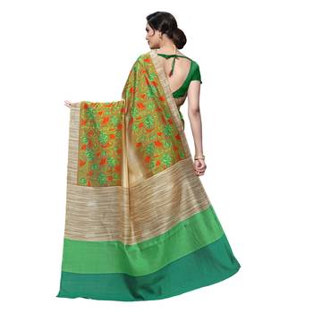 Green printed bhagalpuri silk saree with blouse 3