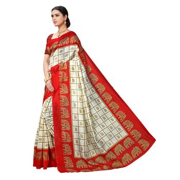 Red printed bhagalpuri silk saree with blouse 2
