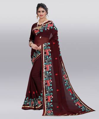 brown embroidered georgette saree with blouse 1