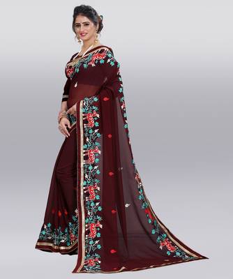 brown embroidered georgette saree with blouse 2
