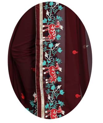 brown embroidered georgette saree with blouse 4