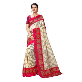Pink printed bhagalpuri silk saree with blouse 1