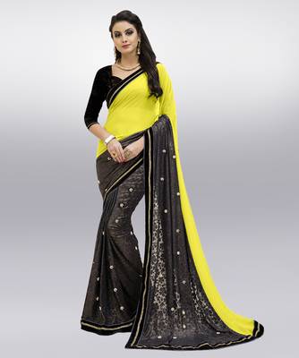 yellow embroidered georgette saree with blouse 1