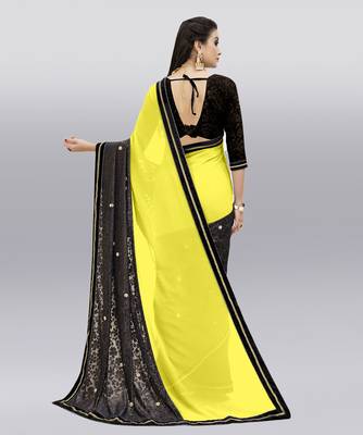 yellow embroidered georgette saree with blouse 4