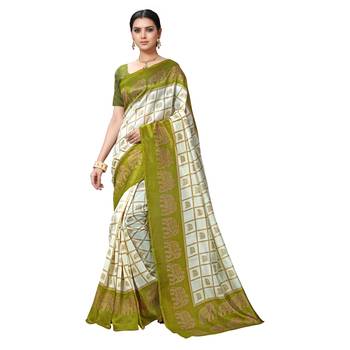 Green printed bhagalpuri silk saree with blouse 1