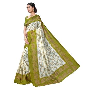 Green printed bhagalpuri silk saree with blouse 2