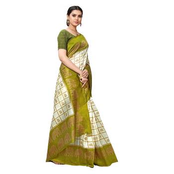 Green printed bhagalpuri silk saree with blouse 4