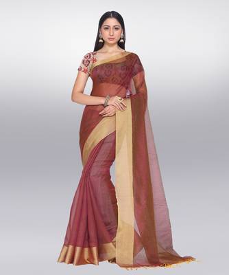 brown embroidered art silk saree with blouse 1