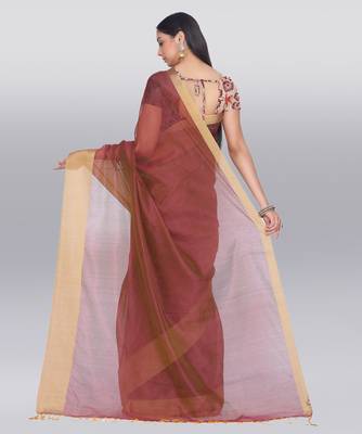 brown embroidered art silk saree with blouse 3