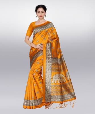 yellow printed cotton saree with blouse 1