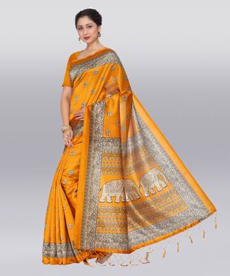 yellow printed cotton saree with blouse 2