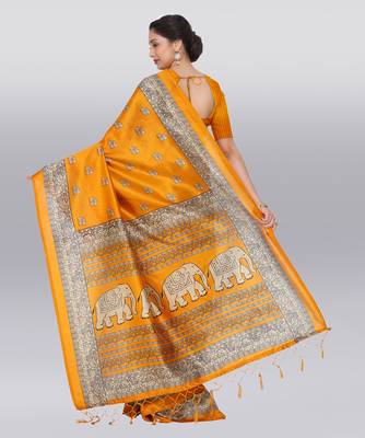 yellow printed cotton saree with blouse 3