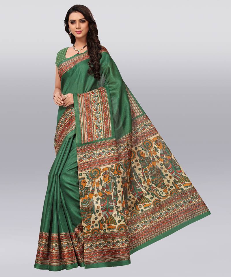 green printed cotton saree with blouse