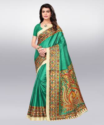 green printed cotton saree with blouse 1