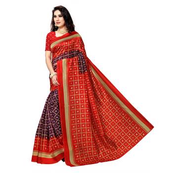 Red printed bhagalpuri silk saree with blouse 2