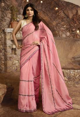 Pink Embroidered Fancy Fabric Saree With Blouse 1