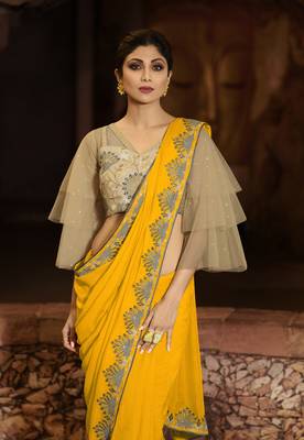 Yellow Embroidered Fancy Fabric Saree With Blouse 2