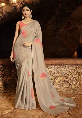 Light Brown Embroidered Fancy Fabric Saree With Blouse 1