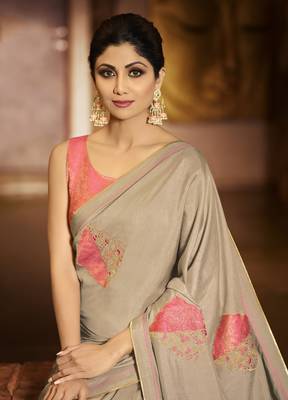Light Brown Embroidered Fancy Fabric Saree With Blouse 2