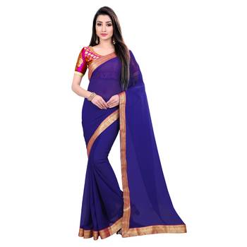 Blue printed chiffon saree with blouse 1