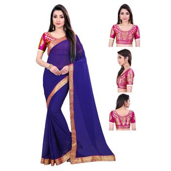 Blue printed chiffon saree with blouse 5
