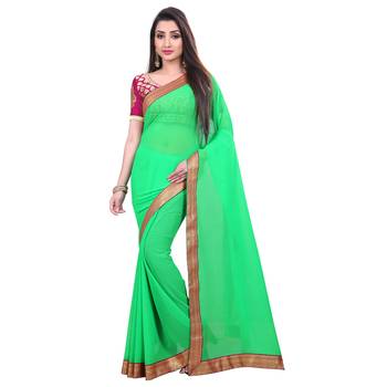 green printed chiffon saree with blouse 1