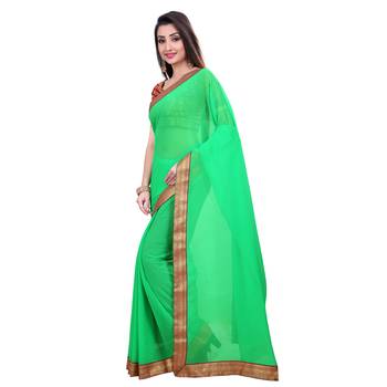 green printed chiffon saree with blouse 2