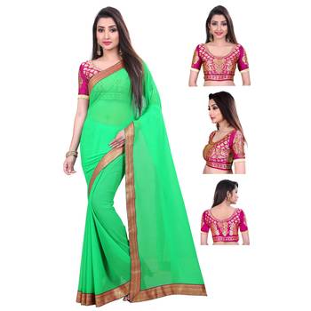 green printed chiffon saree with blouse 5