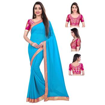 turquoise printed chiffon saree with blouse 5