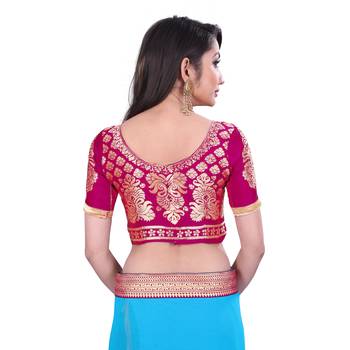 turquoise printed chiffon saree with blouse 7