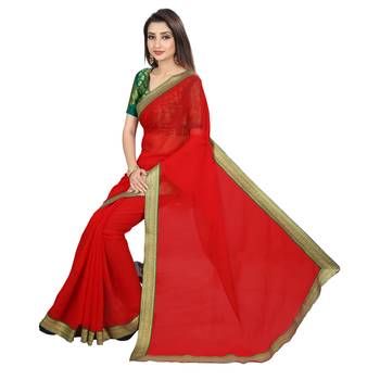 Red printed chiffon saree with blouse 4