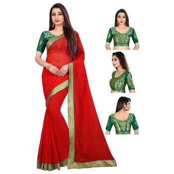Red printed chiffon saree with blouse 5