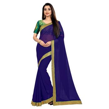 blue printed chiffon saree with blouse 1
