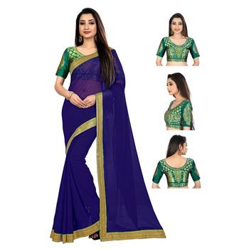 blue printed chiffon saree with blouse 5