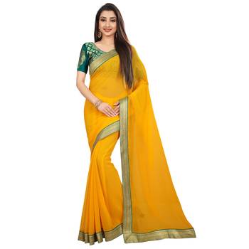 Yellow printed chiffon saree with blouse 1