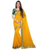 Yellow printed chiffon saree with blouse