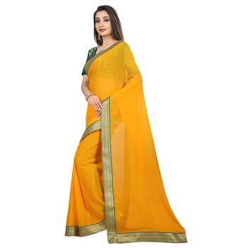 Yellow printed chiffon saree with blouse 2