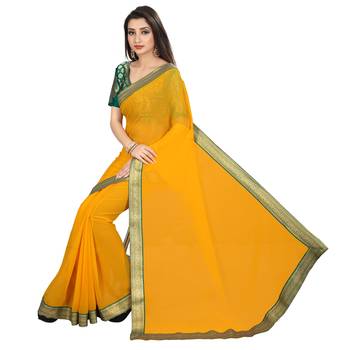 Yellow printed chiffon saree with blouse 4