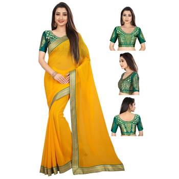 Yellow printed chiffon saree with blouse 5